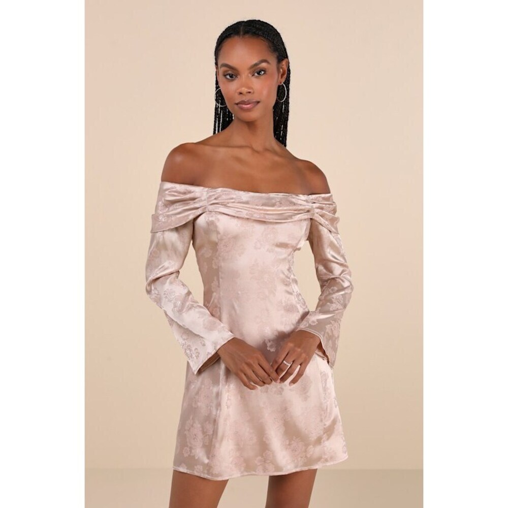 Lulus Truly Yours Blush Satin Jacquard Off-the-shoulder Mini Dress Pink